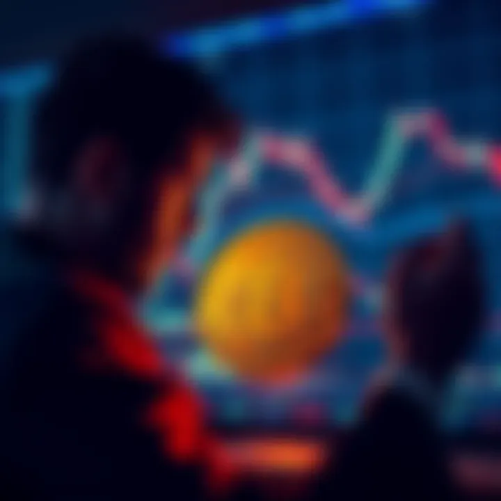 A concerned Bitcoin investor looking at a chart showing declining prices, with symbols of rising inflation in the background.