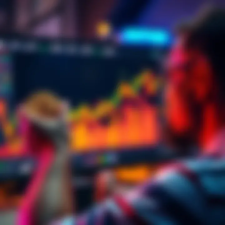 A person looking at a graph on a computer screen showing Bitcoin market fluctuations, reflecting concern and determination.