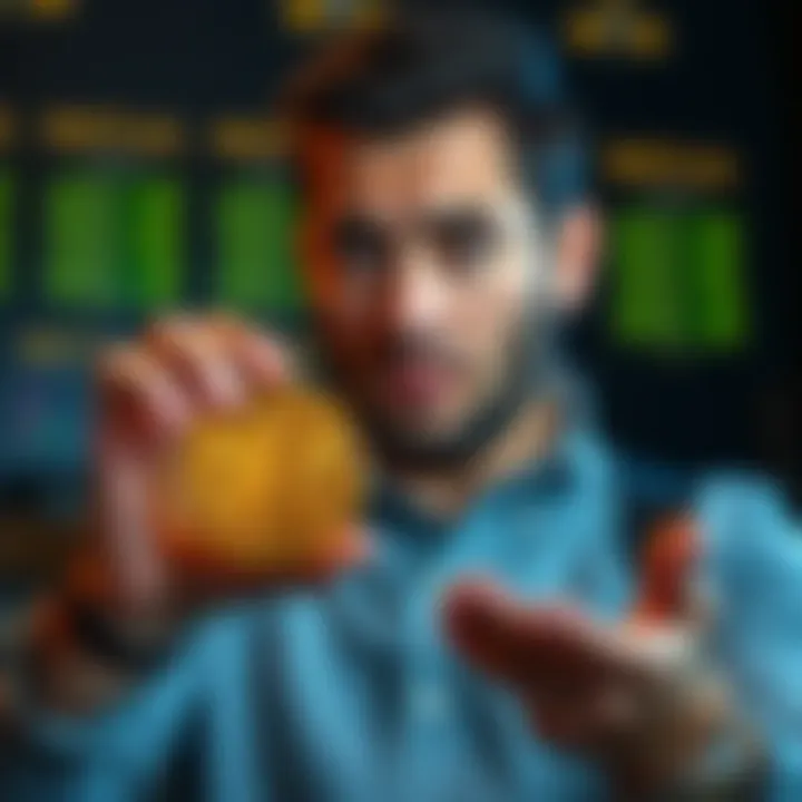 A person holding a Bitcoin coin while looking concerned about rising expenses, symbolizing financial struggles due to inflation.