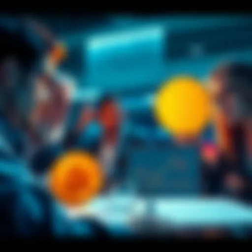 A group of worried investors discussing potential Bitcoin losses with charts and graphs in front of them