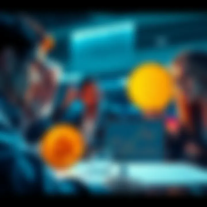 A group of worried investors discussing potential Bitcoin losses with charts and graphs in front of them