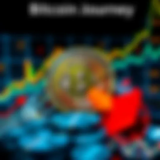 A visual representation of one Bitcoin surrounded by symbols of market volatility like arrows and graphs, showing both rise and fall in value.