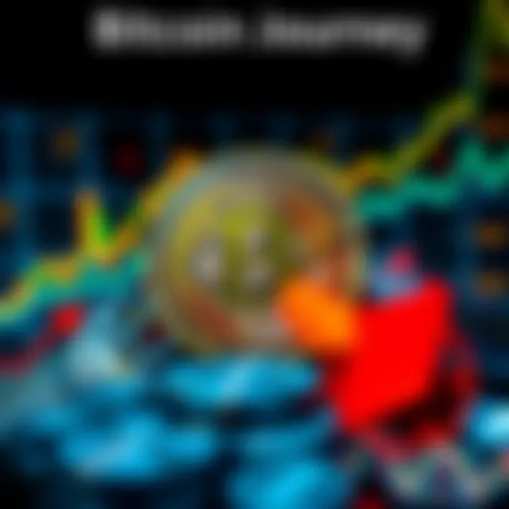 A visual representation of one Bitcoin surrounded by symbols of market volatility like arrows and graphs, showing both rise and fall in value.