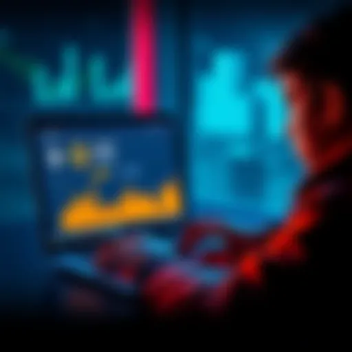 A young person tracking Bitcoin growth on a laptop with graphs and charts displayed