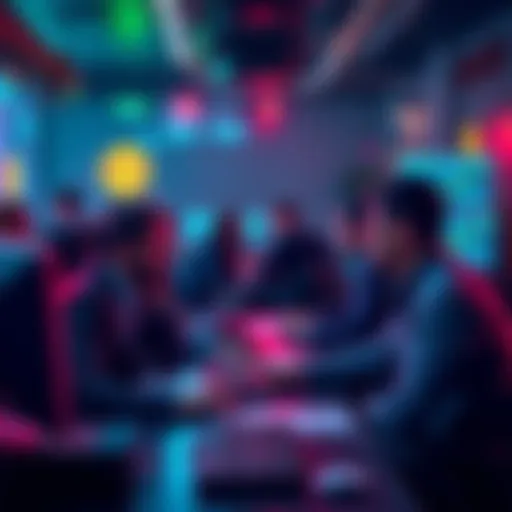 People engaging in conversation about the Bitcoin key-scanning project while looking at computers and graphics of wallets