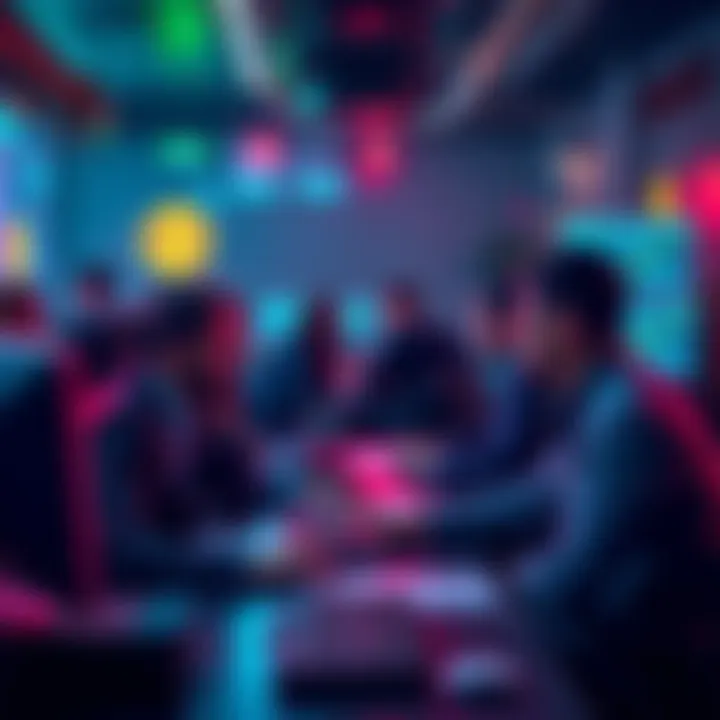 People engaging in conversation about the Bitcoin key-scanning project while looking at computers and graphics of wallets