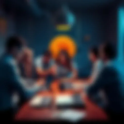 A group of people gathered around a table, engaged in a discussion about Bitcoin technology, with laptops and papers scattered around.