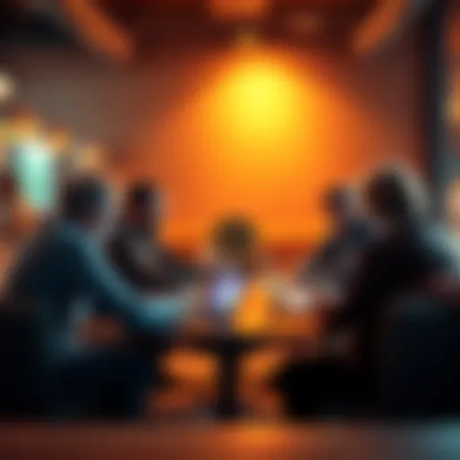 A group of people discussing Bitcoin challenges in a casual setting, with laptops and notes around them.