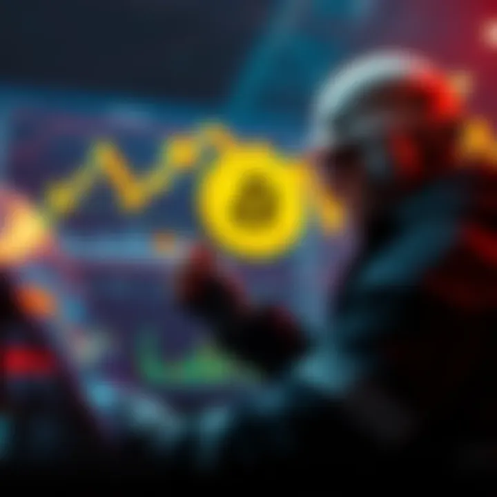 A miner reviewing a financial chart with Bitcoin symbols and a credit line concept