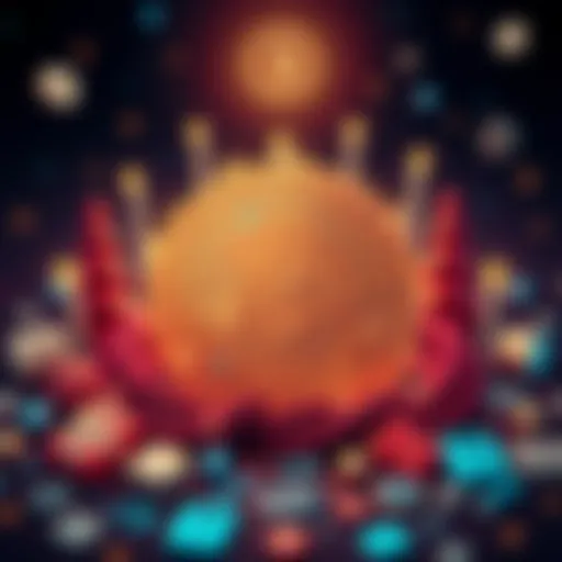 A vibrant illustration of the Bitcoin logo with festive decorations, symbolizing 16 years of its impact on cryptocurrency, surrounded by digital finance icons.