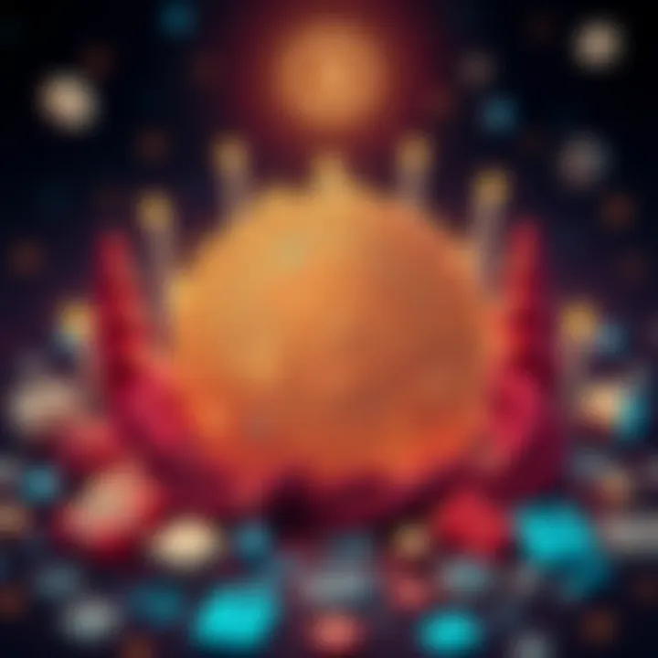 A vibrant illustration of the Bitcoin logo with festive decorations, symbolizing 16 years of its impact on cryptocurrency, surrounded by digital finance icons.