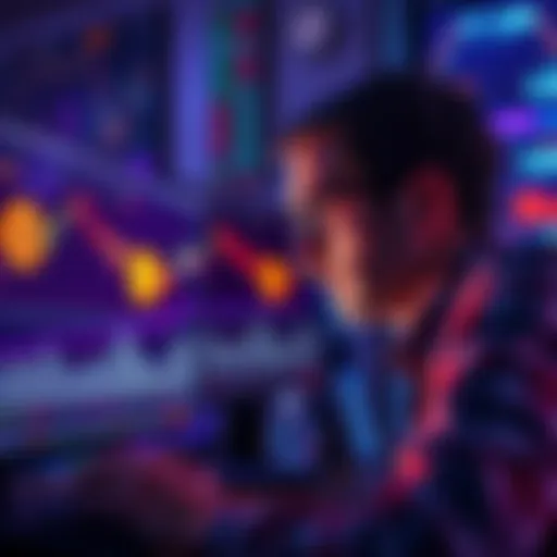 A person looking concerned while checking financial charts on a computer, with Bitcoin logos and a downward trend visible.