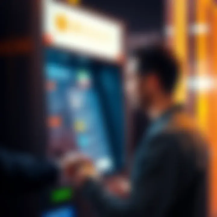 A person using a Bitcoin machine to make a transaction, showing the interface on the screen