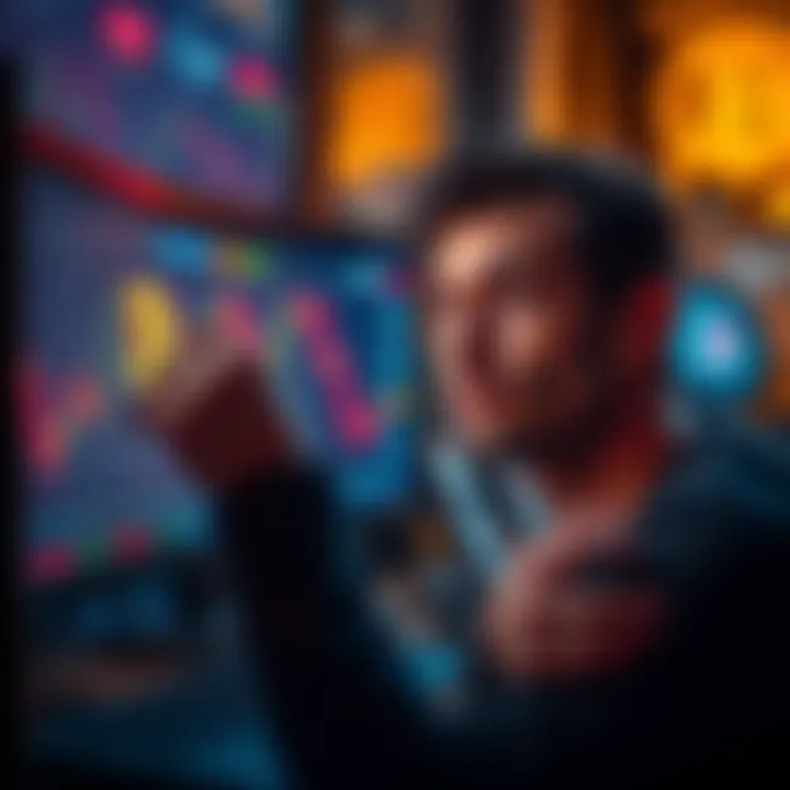 A bored person looking at a computer screen showing Bitcoin prices and charts, with a skeptical expression