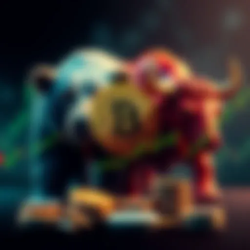 A graphic showing Bitcoin's price fluctuations against a backdrop of a bear and a bull, symbolizing market trends.