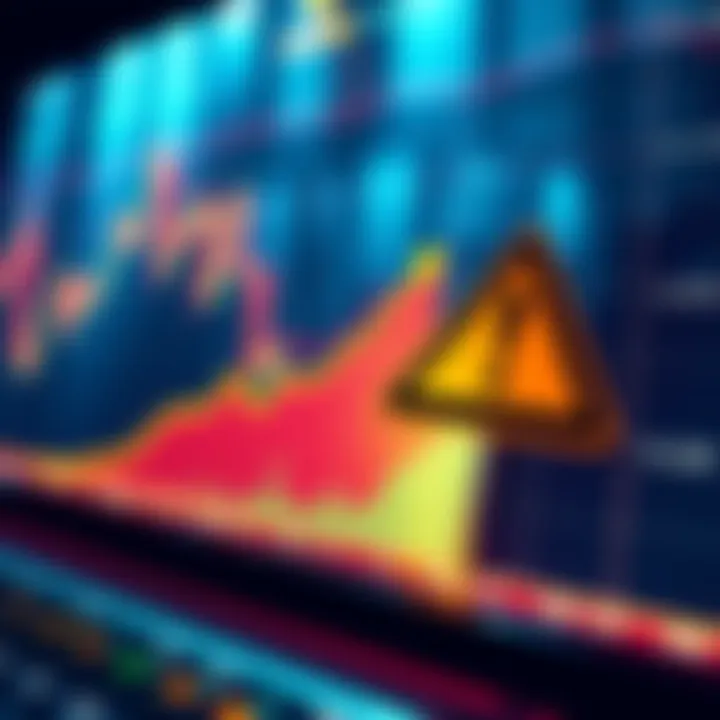 A graph showing Bitcoin prices fluctuating with a bearish trend, alongside a warning sign symbolizing caution.