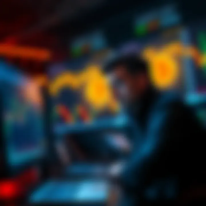 A worried trader looking at fluctuating Bitcoin charts on a computer screen, symbolizing market instability and risks.