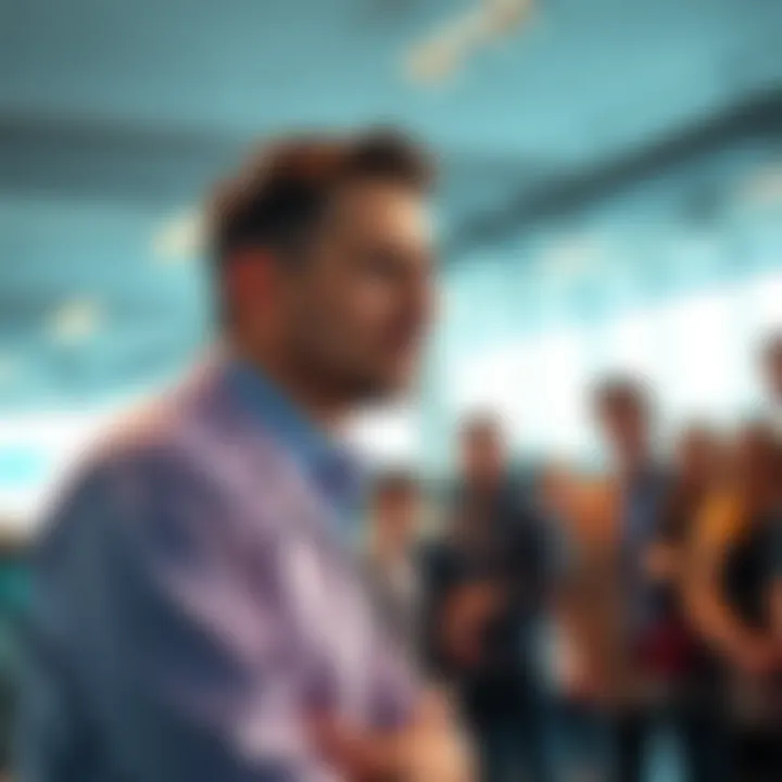 Bitcoin market concerns A worried finance manager discusses Bitcoin's future with a group of people at a car dealership