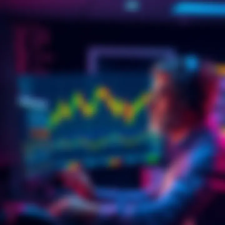 A graphic showing a downward trend in Bitcoin prices with a worried investor looking at a computer screen.