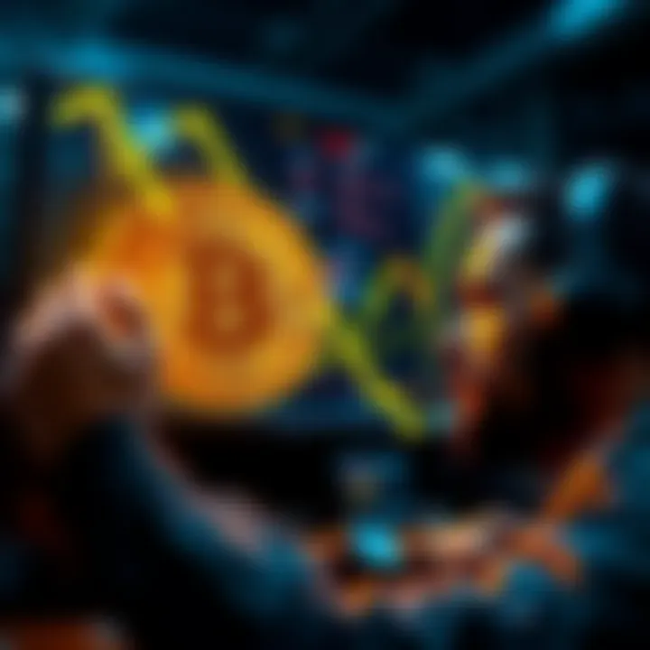 A graphic showing the drastic decline of Bitcoin's value, with an arrow pointing down and a distressed trader looking at their screen.