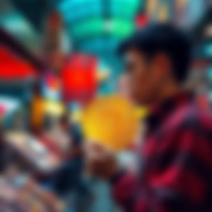 A person selling Bitcoin at a bustling market, showing concern over rising costs and layoffs