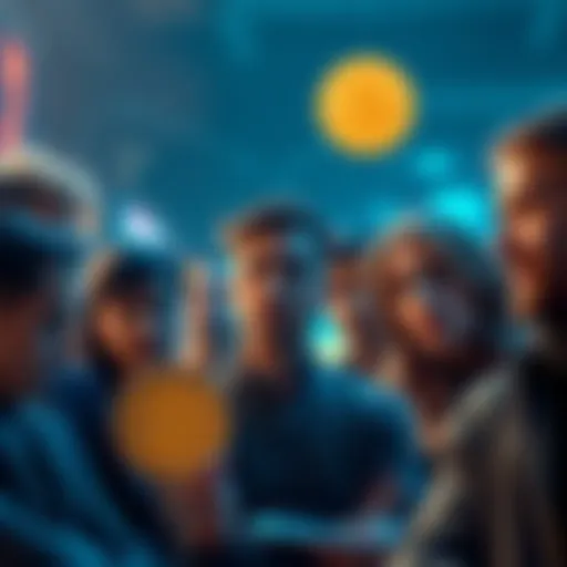 A group of people discussing Bitcoin with worried expressions, reflecting mixed feelings about its future.