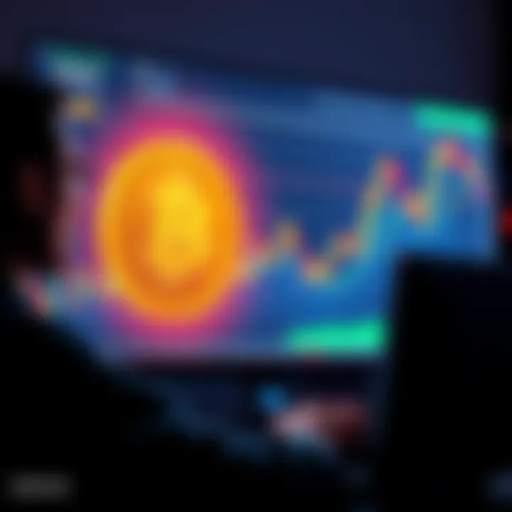 A graph showing a sudden drop in Bitcoin prices, with a shocked trader looking at their computer screen.