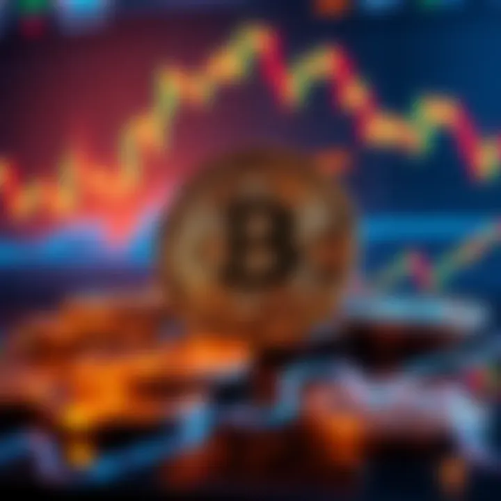 A digital representation of Bitcoin coins surrounded by fluctuating market graphs, illustrating stability amid changes.