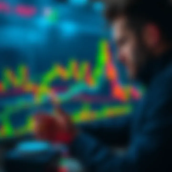 A trader analyzing Bitcoin charts with green and red candles, showing market reactions.