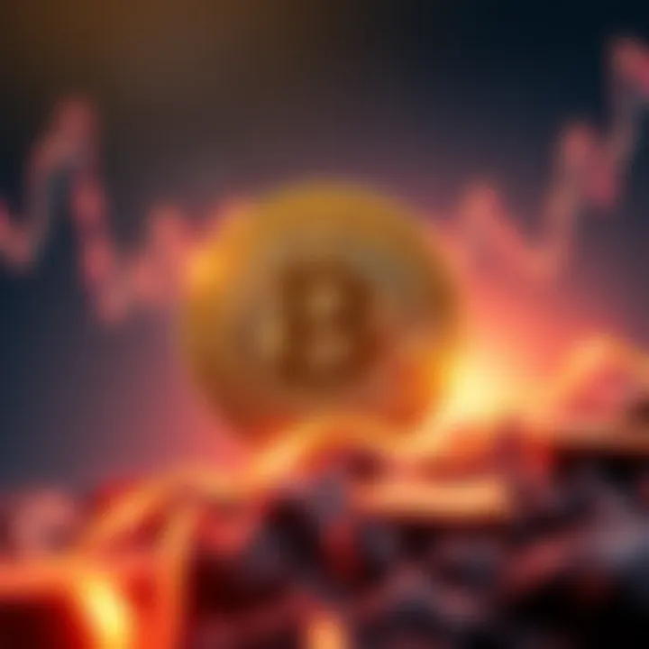 Illustration of Bitcoin symbol with fluctuating market trend lines and a power law graph in the background.
