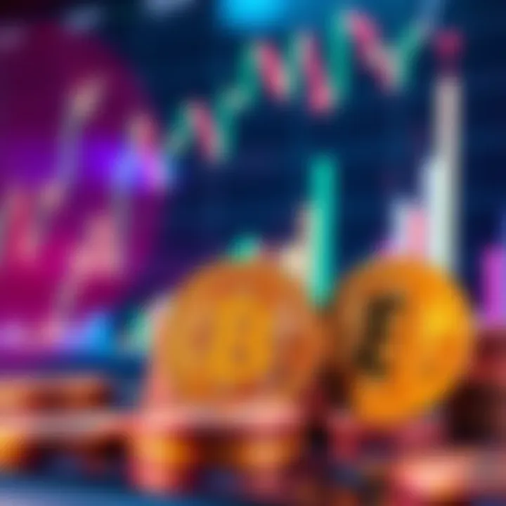Bitcoin market trends Illustration showing Bitcoin coins with fluctuating graphs and charts in the background, representing market movements.