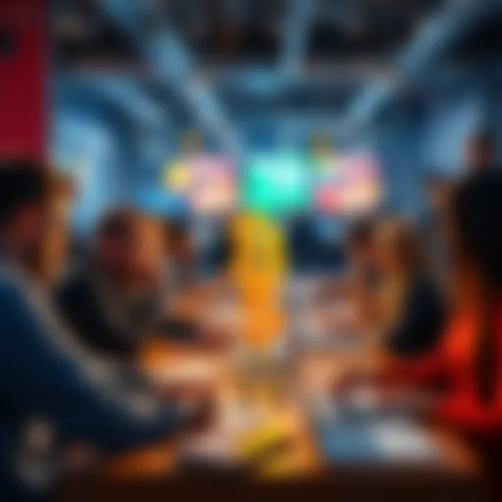 Group of people discussing Bitcoin at a local meetup with various laptops and cryptocurrency materials on the table.