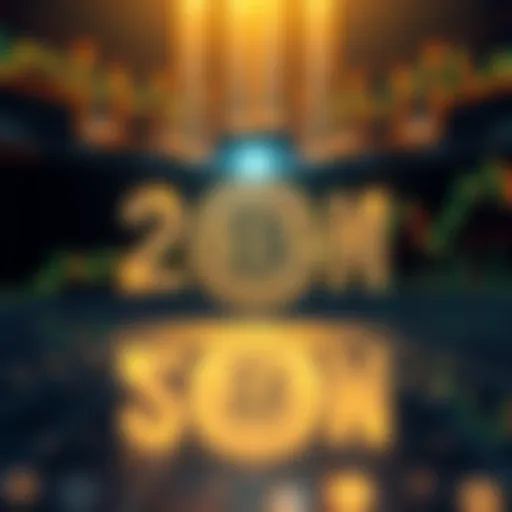 A digital representation of Bitcoin with the number 20 million displayed prominently, symbolizing the achievement of 20 million mined coins. The background features financial graphs and charts indicat...