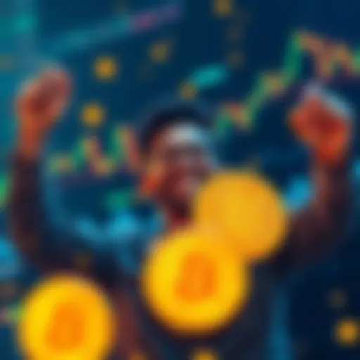 A person celebrating the achievement of acquiring 2 BTC with a joyful expression, holding Bitcoin symbols and surrounded by fluctuating market charts, representing the investment journey.