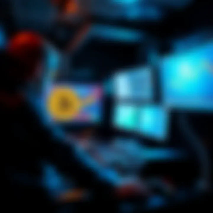 A miner operating a computer setup with multiple screens displaying Bitcoin mining stats and transactions