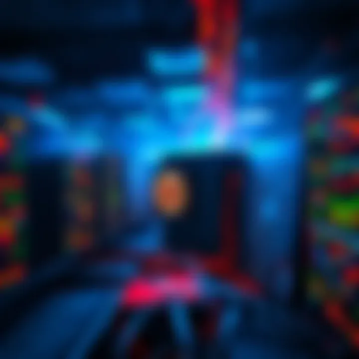 A single Bitcoin miner connected to the network, surrounded by darkened screens representing offline miners, depicting isolation in the Bitcoin mining world.