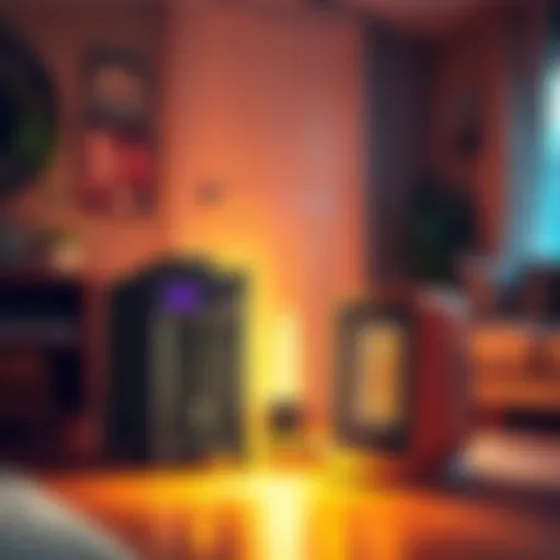 A bitcoin miner setup next to a space heater in a living room, with warm lighting and cozy decor.