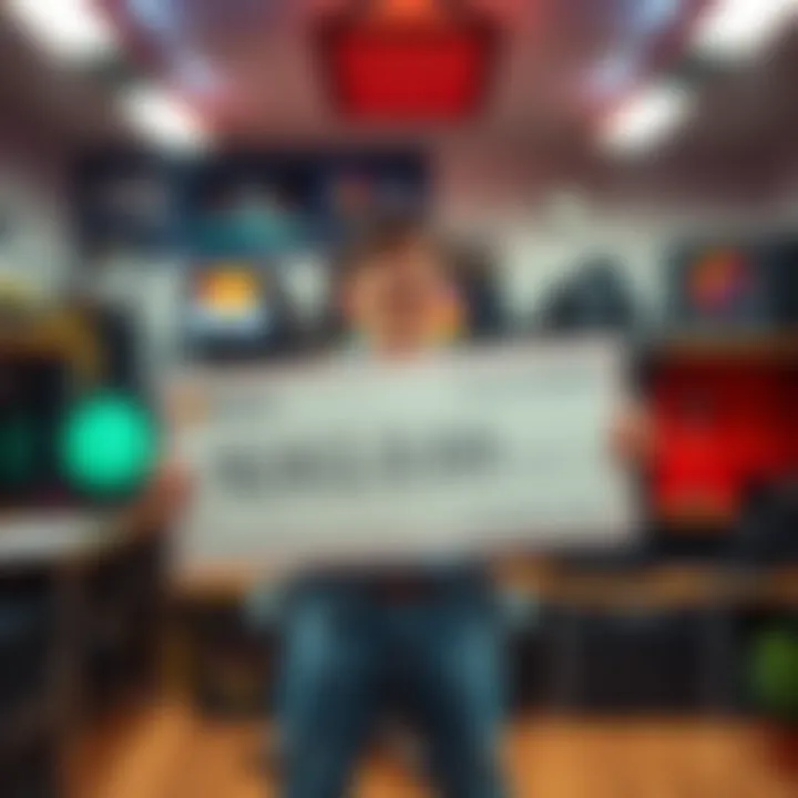 A solo Bitcoin miner joyfully holding a large check for $282,000 in a home office filled with mining equipment.