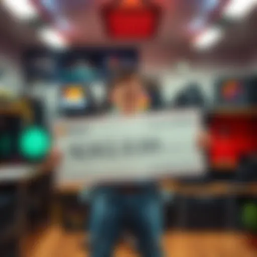 Bitcoin Miner Celebrates Big Win A solo Bitcoin miner joyfully holding a large check for $282,000 in a home office filled with mining equipment.