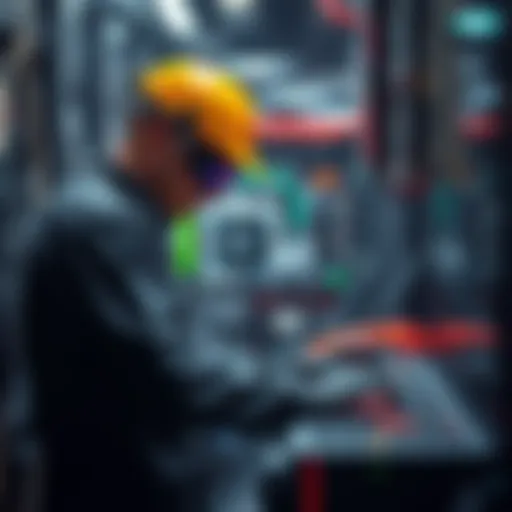 A Bitcoin miner adjusting equipment to focus on AI technology with a backdrop of computer hardware and graphics cards.