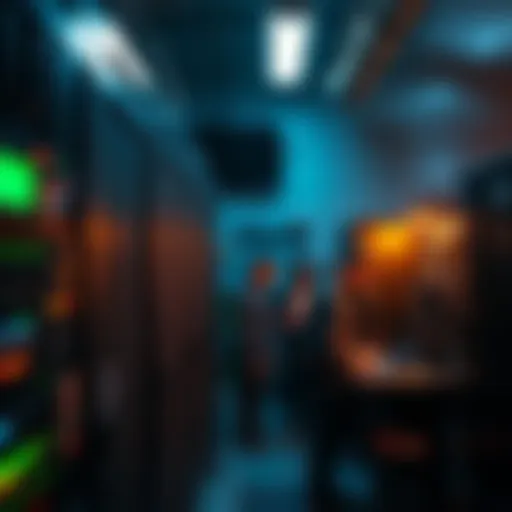 A group of Bitcoin miners operating machines in a dimly lit room, checking equipment and monitoring electricity usage.