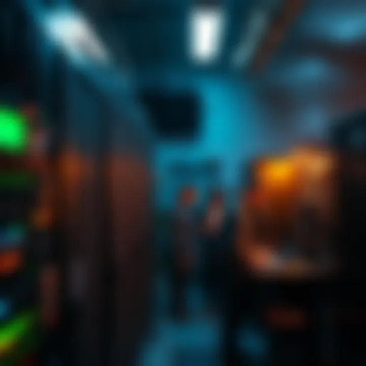 Bitcoin miners working with machines A group of Bitcoin miners operating machines in a dimly lit room, checking equipment and monitoring electricity usage.