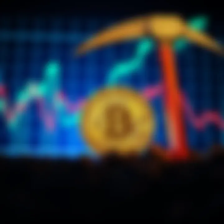 Graph showing Bitcoin value trends with a digital coin and a mining pickaxe in the background.