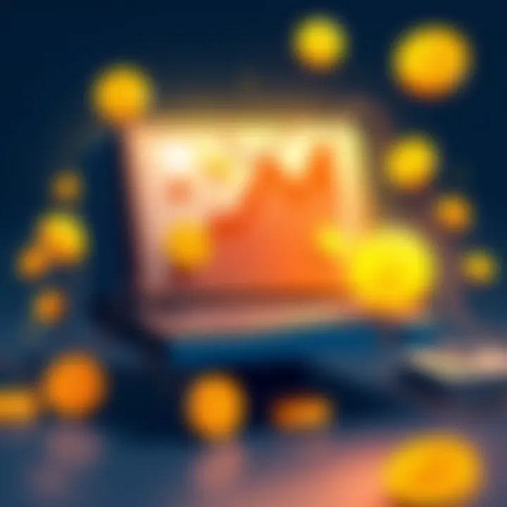 A simple illustration showing a computer working on Bitcoin mining with blocks and digital currency symbols around it.