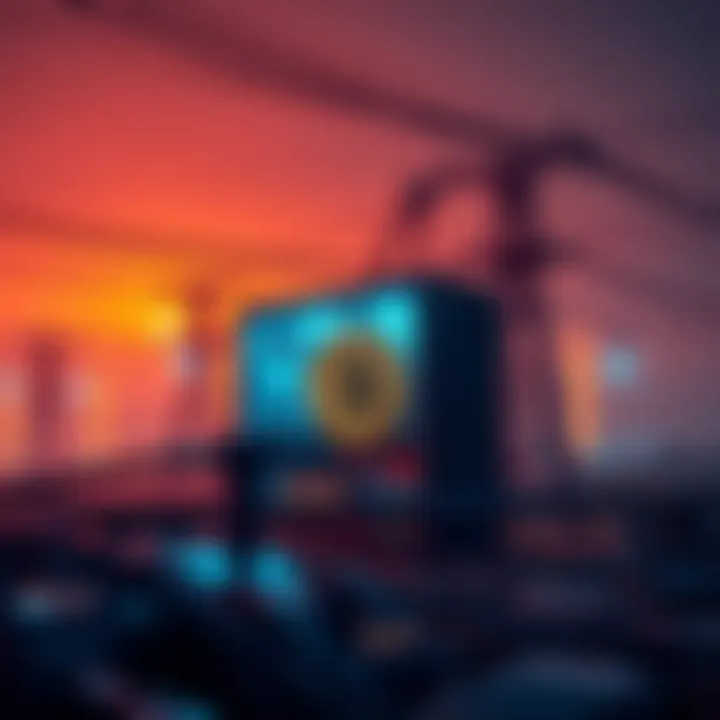 A graphic showing Bitcoin mining equipment connected to power lines, symbolizing the conversion of Bitcoin to electricity.