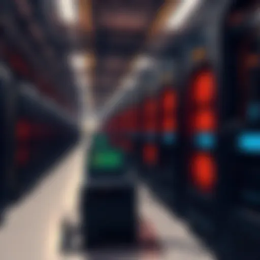 A large facility with rows of mining machines working continuously to mine Bitcoin. Bright lights and numerous cables create a high-tech environment.