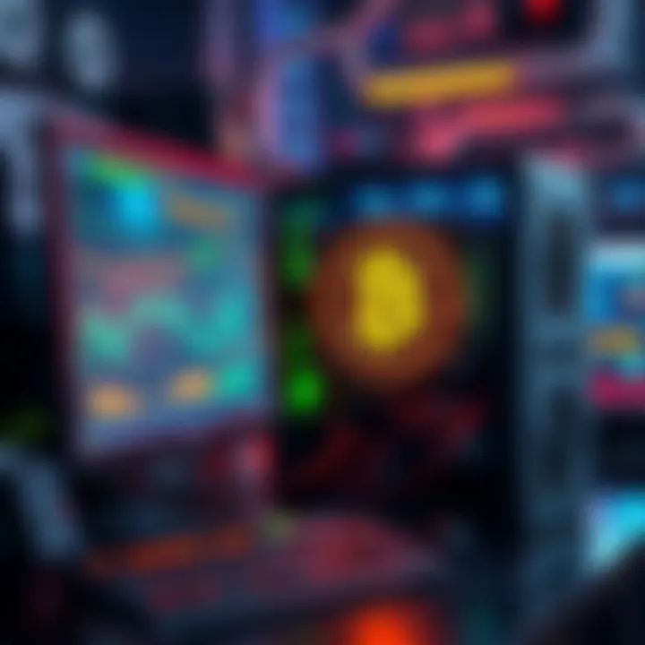 A computer with mining hardware and Bitcoin graphics on the screen