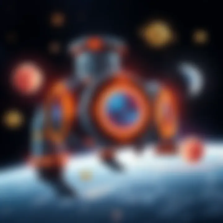 A futuristic orbital data center mining Bitcoin in space, powered by solar energy, surrounded by stars and planets.