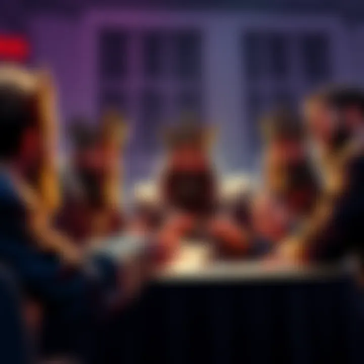 A group of enthusiastic Bitcoin moderators discussing King Geoffrey's initiatives with excitement and energy