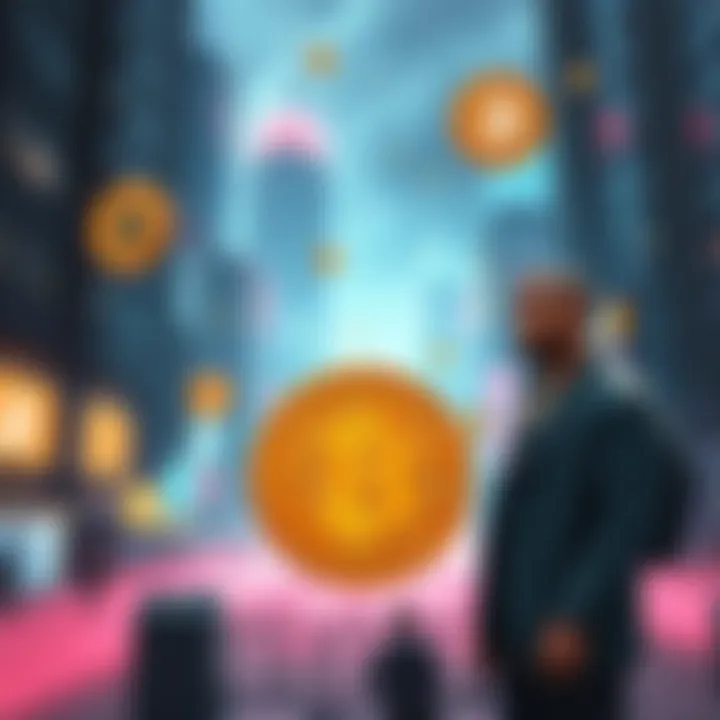 A futuristic cityscape with Bitcoin symbols and digital currency elements, featuring actors Ashton Kutcher and Kanye West in a sci-fi setting